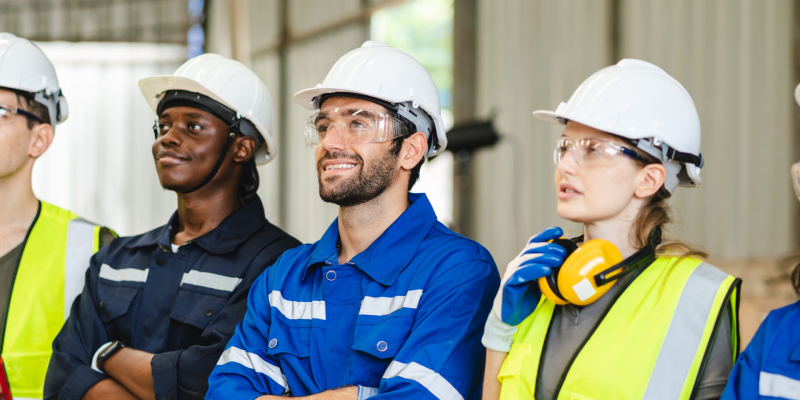 Professional engineer team full skill quality for maintenance service and training in industry worker, warehouse workshop for mechanical engineering factory operators, machinery production teamwork